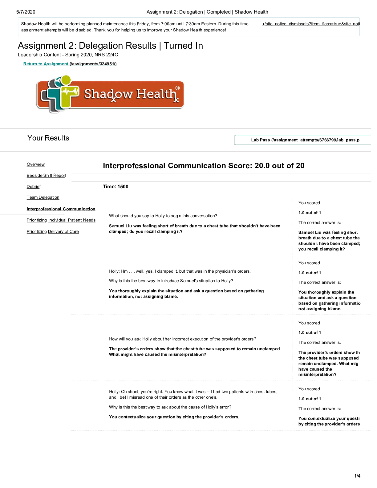 Preview image for Assignment 2_ Delegation _ Completed _ Shadow Health Interprofessional Communication